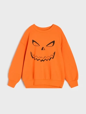 Sinsay - Bawełniana bluza crewneck z motywem halloweenowym - pomarańczowy
