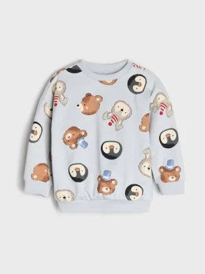 Sinsay - Bawełniana bluza crewneck z motywem zwierząt - niebieski