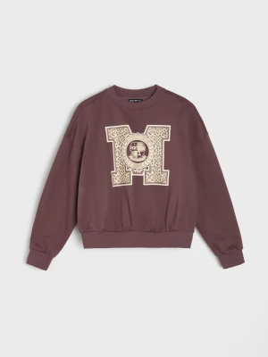 Sinsay - Bawełniana bluza crewneck z nadrukiem - brązowy