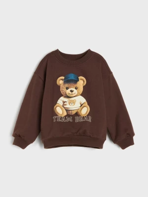 Sinsay - Bawełniana bluza crewneck z nadrukiem misia - brązowy