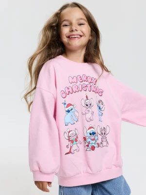 Sinsay - Bawełniana bluza crewneck z nadrukiem świątecznym Stitch - różowy