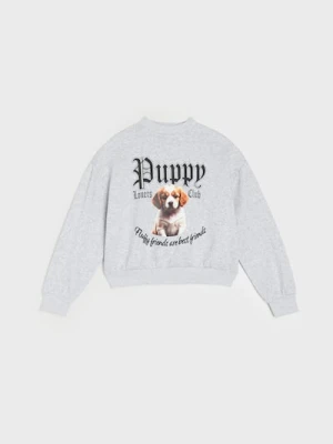 Sinsay - Bawełniana bluza crewneck z nadrukiem - szary