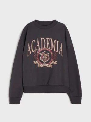 Sinsay - Bawełniana bluza crewneck z napisem Academia - szary