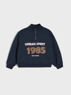 Sinsay - Bawełniana bluza half-zip z napisem - granatowy