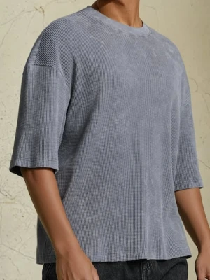 Sinsay - Bawełniana bluza z krótkim rękawem o waflowej strukturze - szary