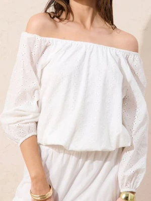 Sinsay - Bawełniana bluzka hiszpanka z ażurowym wzorem - kremowy