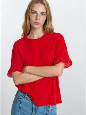Sinsay - Bawełniana bluzka z ażurowymi detalami - czerwony