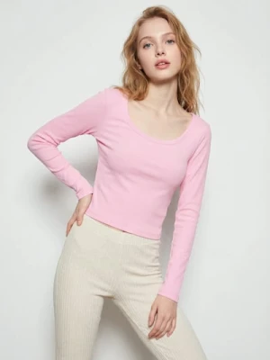 Sinsay - Bawełniana bluzka z długim rękawem - różowy