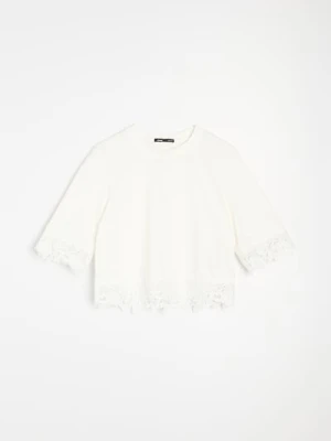 Sinsay - Bawełniana bluzka z koronkową aplikacją - kremowy