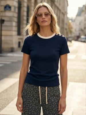 Sinsay - Bawełniana bluzka z krótkim rękawem - granatowy