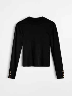 Sinsay - Bawełniana bluzka z ozdobnymi guzikami - czarny