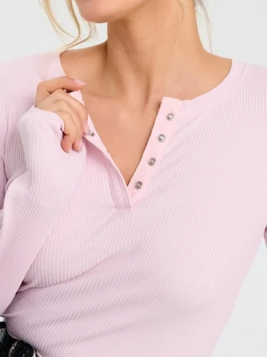 Sinsay - Bawełniana bluzka z prążkowanej dzianiny - różowy