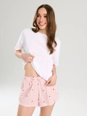 Sinsay - Bawełniana dwuczęściowa piżama w paski z nadrukiem w serca - kremowy