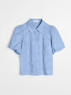 Sinsay - Bawełniana haftowana koszula z bufkami - błękitny