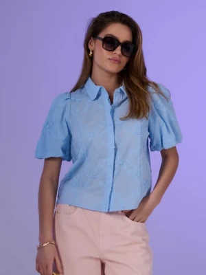 Sinsay - Bawełniana haftowana koszula z bufkami - błękitny