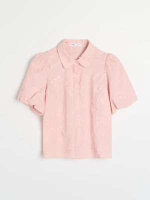 Sinsay - Bawełniana haftowana koszula z bufkami - różowy