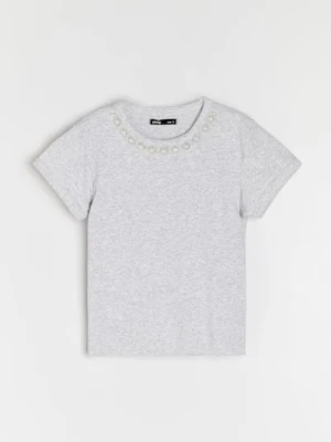 Sinsay - Bawełniana jednolita koszulka z krótkim rękawem - szary