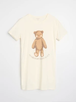 Sinsay - Bawełniana koszula nocna z nadrukiem - kremowy