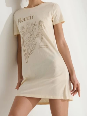 Sinsay - Bawełniana koszula nocna z nadrukiem - kremowy