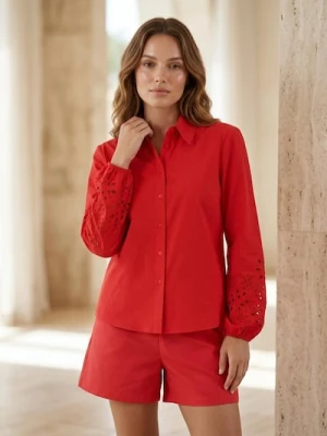 Sinsay - Bawełniana koszula z ażurowym wykończeniem rękawa - czerwony