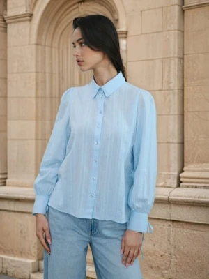 Sinsay - Bawełniana koszula z dekoracyjnym wiązaniem przy mankietach - błękitny