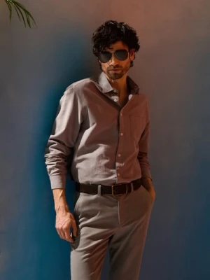 Sinsay - Bawełniana koszula z długim rękawem i kieszenią piersiową - szary