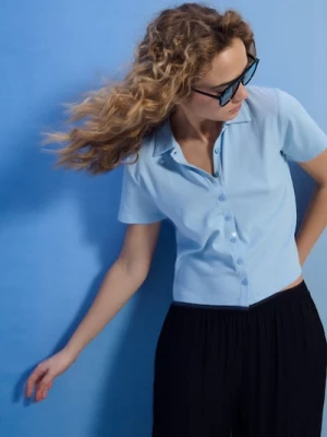 Sinsay - Bawełniana koszula z krótkim rękawem - błękitny