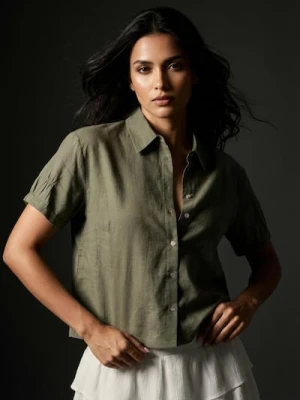 Sinsay - Bawełniana koszula z krótkim rękawem - zielony