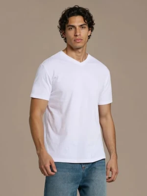 Sinsay - Bawełniana koszulka basic z dekoltem V - biały