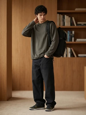 Sinsay - Bawełniana koszulka comfort fit z długim rękawem i stoperem - khaki