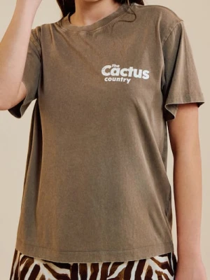 Sinsay - Bawełniana koszulka loose fit z motywem kaktusa - beżowy