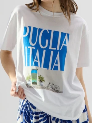 Sinsay - Bawełniana koszulka loose fit z nadrukiem - biały