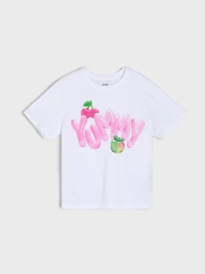 Sinsay - Bawełniana koszulka oversize z nadrukiem - biały