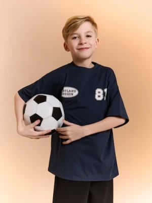 Sinsay - Bawełniana koszulka oversize z nadrukiem - granatowy