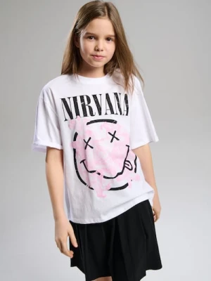 Sinsay - Bawełniana koszulka oversize z nadrukiem Nirvana - biały