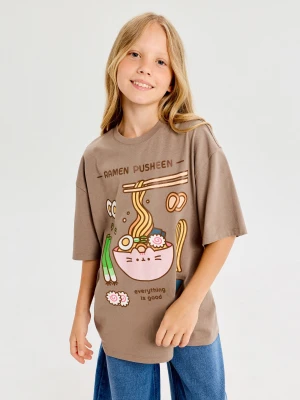 Sinsay - Bawełniana koszulka oversize z nadrukiem Pusheen the Cat - brązowy
