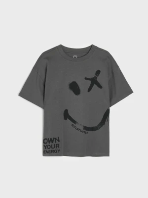 Sinsay - Bawełniana koszulka oversize z nadrukiem SmileyWorld® - szary
