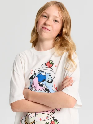 Sinsay - Bawełniana koszulka oversize z nadrukiem Stitch - kremowy