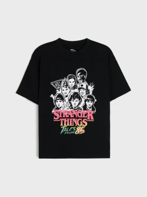 Sinsay - Bawełniana koszulka oversize z nadrukiem Stranger Things - czarny
