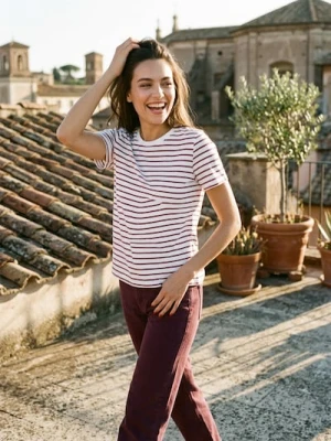 Sinsay - Bawełniana koszulka w paski - bordowy