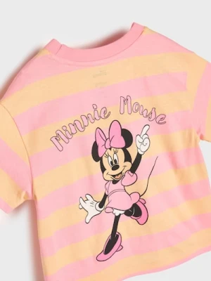Sinsay - Bawełniana koszulka w paski z nadrukiem na plecach Minnie Mouse - różowy