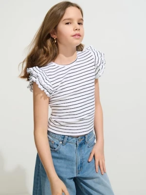 Sinsay - Bawełniana koszulka w paski z ozdobnymi falbanami - wielobarwny