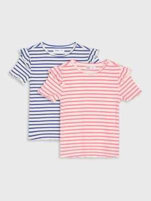 Sinsay - Bawełniana koszulka w paski z ozdobnymi falbankami 2 pack - wielobarwny