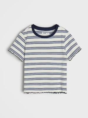 Sinsay - Bawełniana koszulka w paski z prążkowanej dzianiny - błękitny