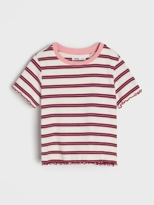 Sinsay - Bawełniana koszulka w paski z prążkowanej dzianiny - różowy