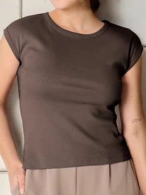 Sinsay - Bawełniana koszulka w prążek - brązowy