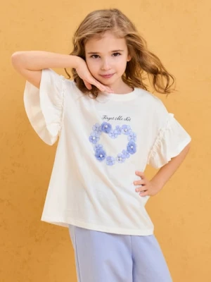 Sinsay - Bawełniana koszulka z aplikacją 3D - kremowy