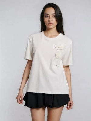 Sinsay - Bawełniana koszulka z aplikacjami 3D - kremowy