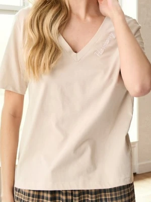 Sinsay - Bawełniana koszulka z dekoltem V - beżowy