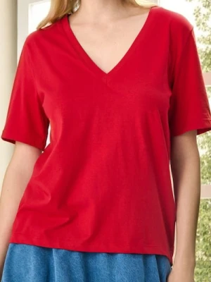 Sinsay - Bawełniana koszulka z dekoltem V - czerwony